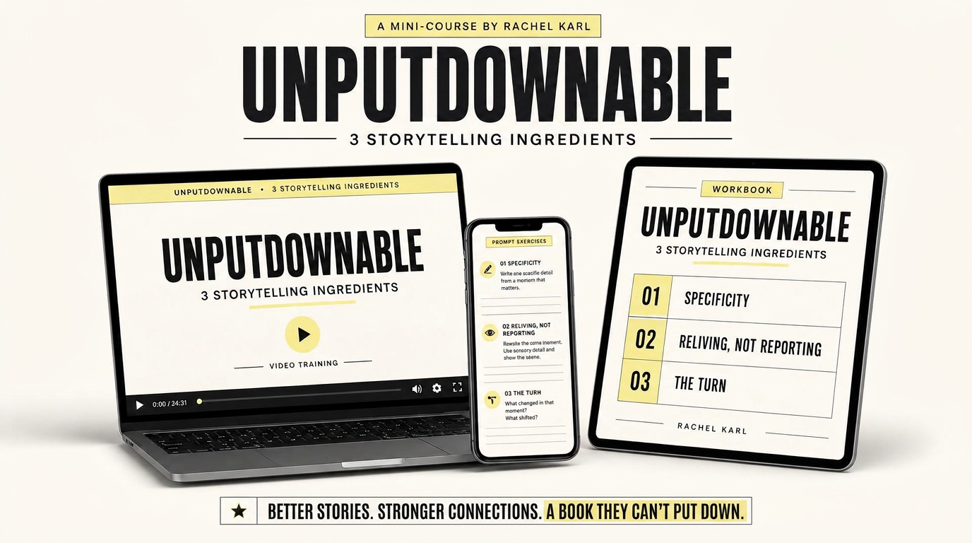 Unputdownable product mockup showing the workbook and video trainings on laptop, tablet, and phone